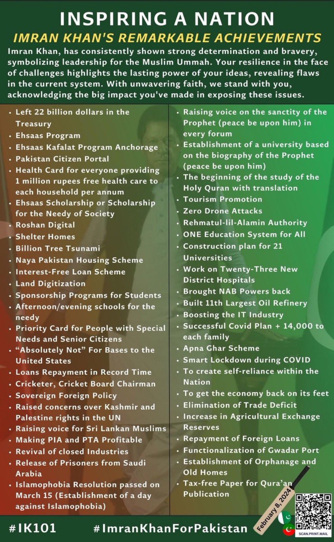 Inspiring a Nation, Imran Khan's remarkable achievements: a supporter-made infographic listing PTI government initiatives, foreign policy stances, and lifetime contributions